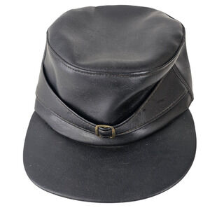 Vintage man's black leather work cap hat with bill size Small